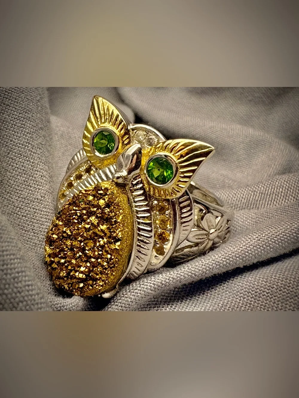 Sterling Silver Owl Ring Gold Druzy & Green Eyes 925 China (Sajen Style)